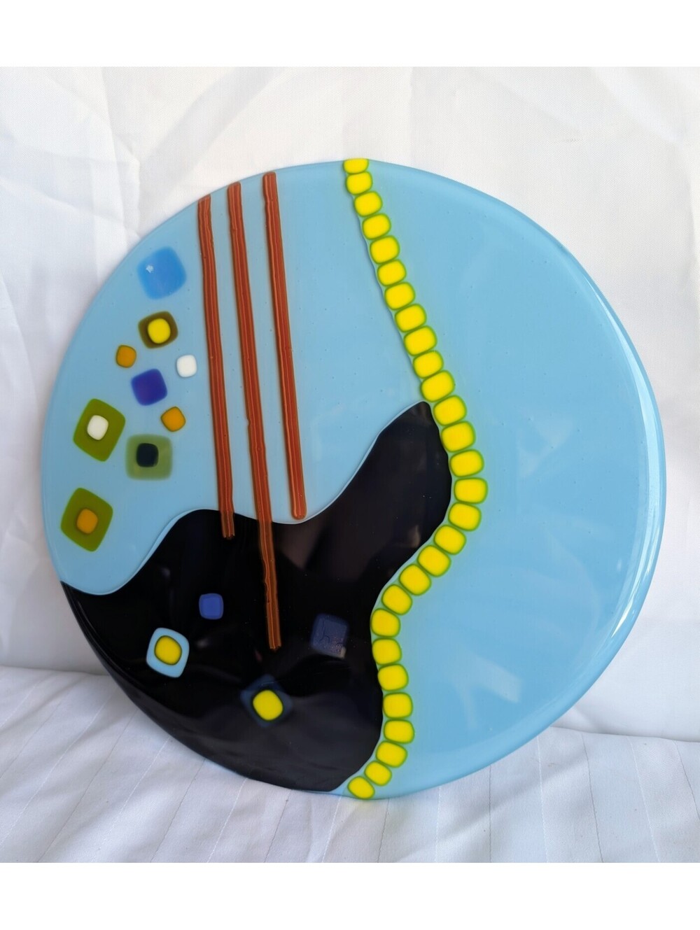 Vintage Fused Glass Plate Abstract Guitar MCM Studio Art Platter 10.5in